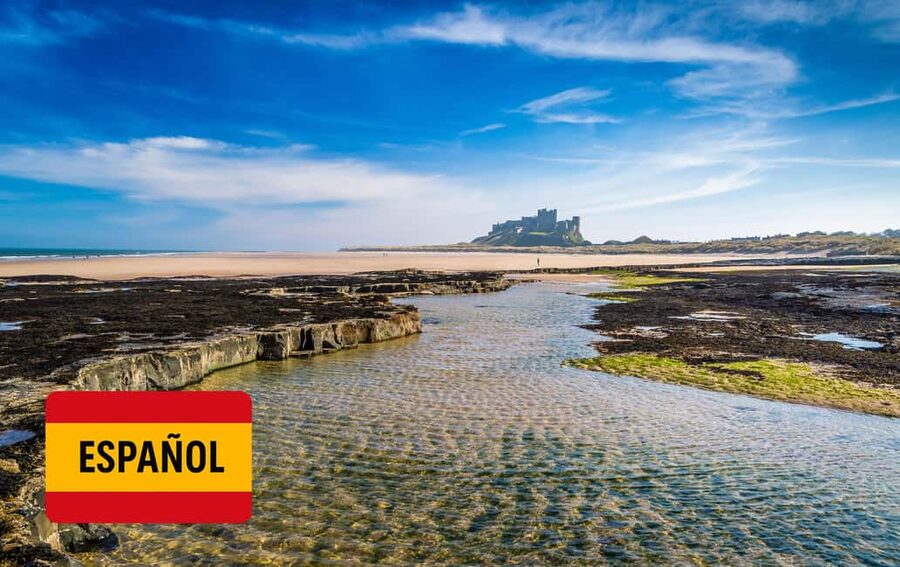 Edinburgh: Harry Potter and English Castles Tour in Spanish - Bamburgh Castle above the white-sand beach
